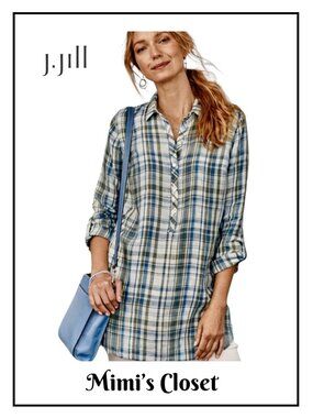 J. Jill Love Linen Popover Top In Blue Green White Plaid - XL Petite